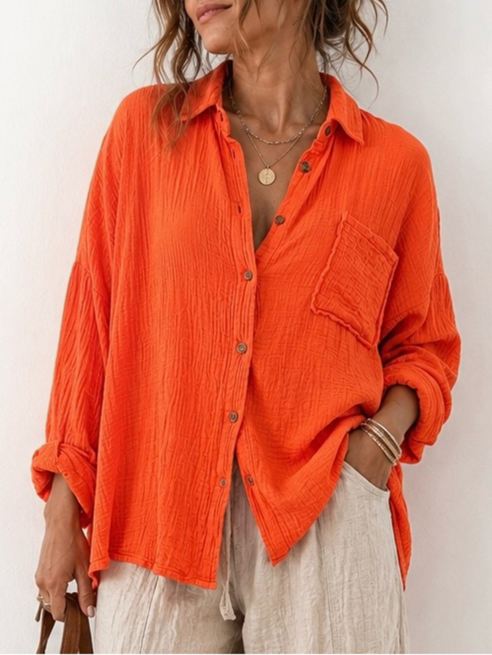 Orange 100% Cotton Double Gauze Oversized Button Up Shirt Large Boho
